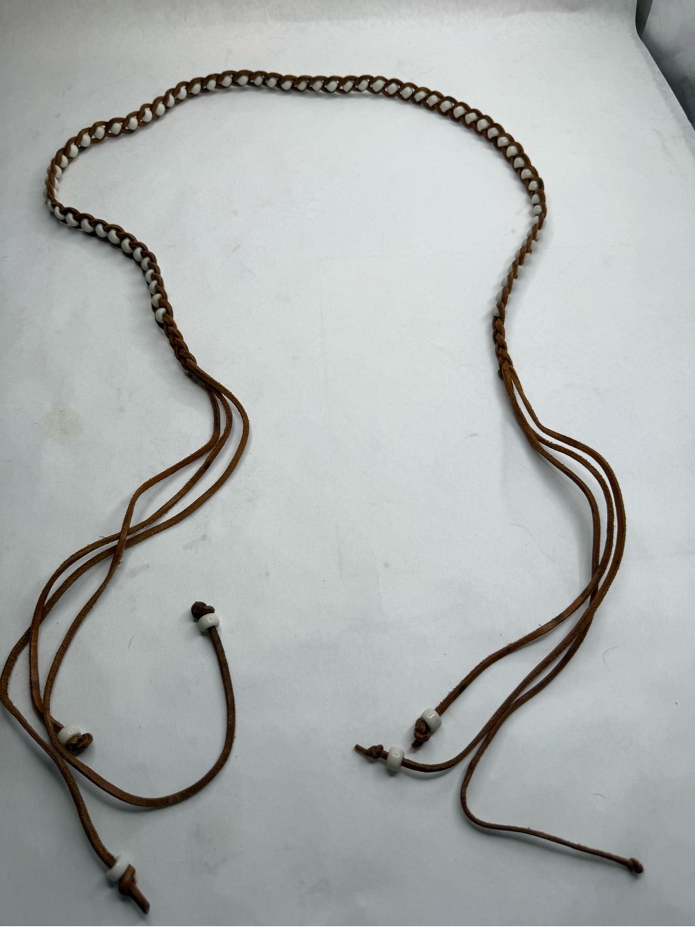 Brown Boho Leather belt White Beads - Picture 4 of 4